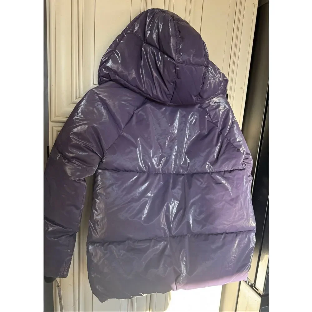 Calvin Klein Girls Plush Lined Liquid Shine Puffer Jacket Purple Medium NWT